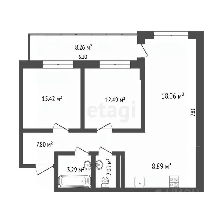 2-к кв. Тюменская область, Тюмень ул. Газовиков, 73 (63.9 м) - Фото 2