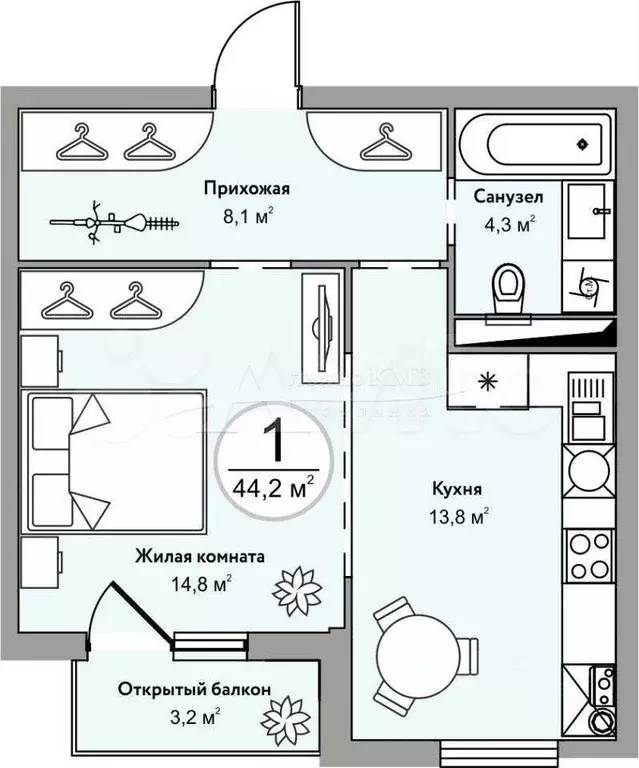 1-к. квартира, 44,2 м, 4/6 эт. - Фото 0