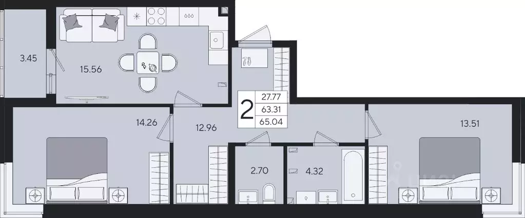 2-к кв. Краснодарский край, Краснодар  (65.04 м) - Фото 2