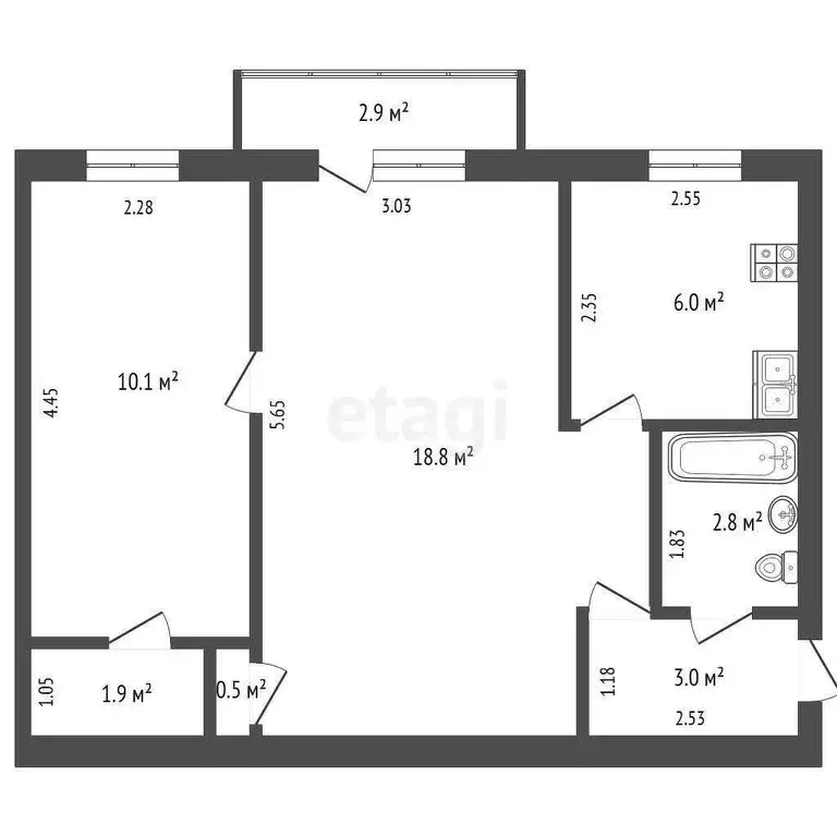 Квартира, 2 комнаты, 45.1 м - Фото 1