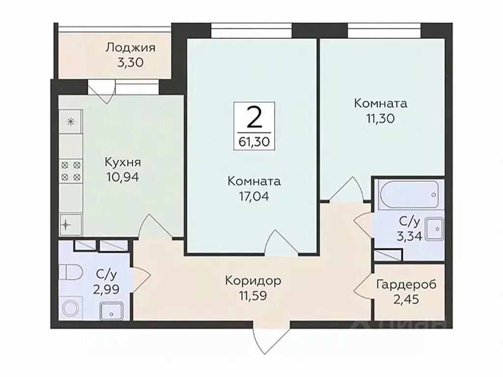 2-к кв. Воронежская область, Воронеж ул. Чапаева, 68Б (61.3 м) - Фото 0