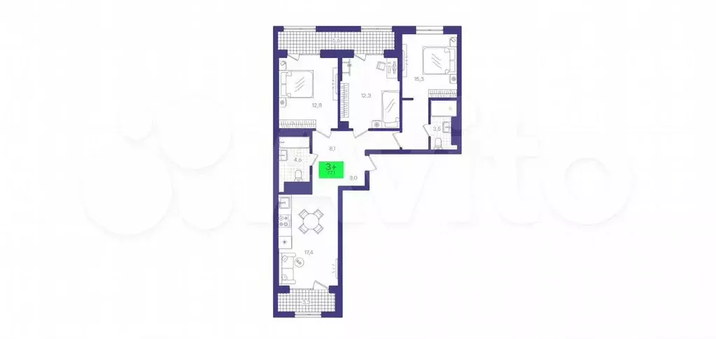 3-к. квартира, 77,1 м, 12/15 эт. - Фото 1