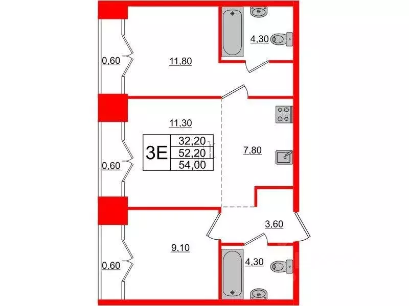 Квартира, 2 комнаты, 53.6 м - Фото 0