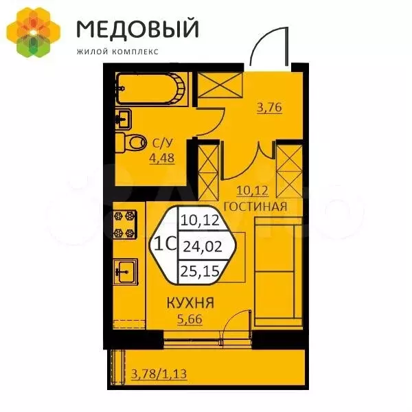 1-к. квартира, 25,2 м, 7/15 эт. - Фото 0