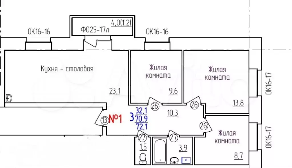 3-к. квартира, 72,1 м, 1/9 эт. - Фото 1