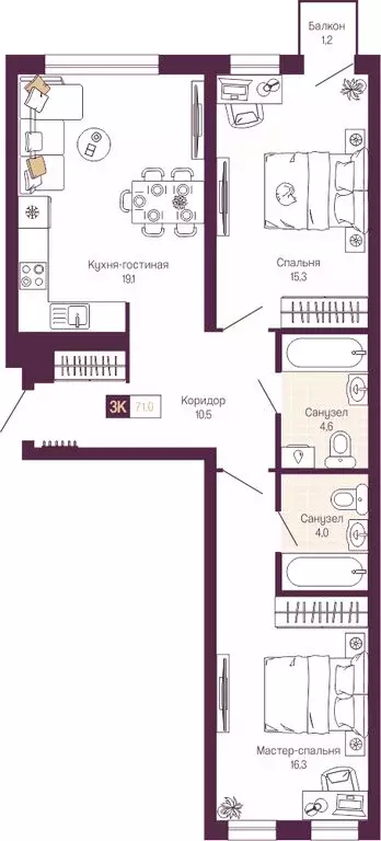 2-комнатная квартира: Нижний Новгород, Нижегородский район (70.2 м) - Фото 1