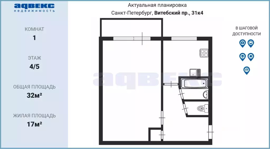 1-к кв. Санкт-Петербург Витебский просп., 31К4 (32.0 м) - Фото 1