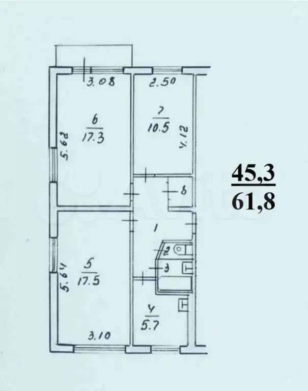 3-к. квартира, 61,8 м, 3/5 эт. - Фото 0