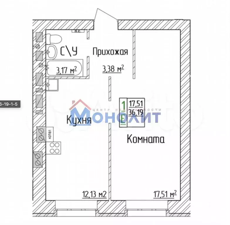 1-к. квартира, 36,2 м, 5/6 эт. - Фото 0