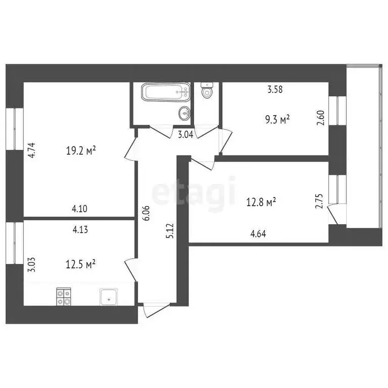 3-комнатная квартира: Тюмень, улица Белинского, 1А (68.9 м) - Фото 1