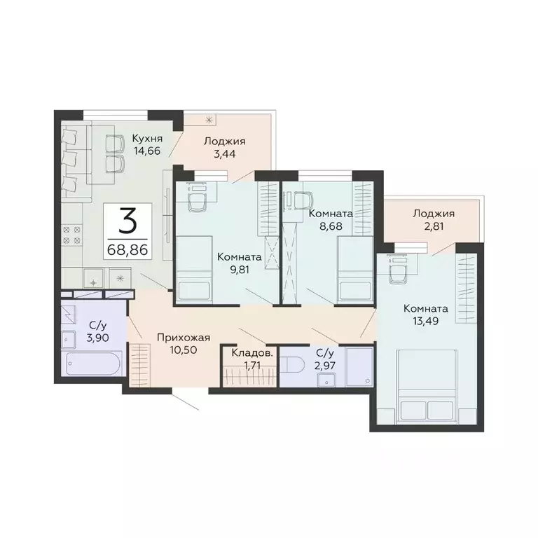 3-к кв. Воронежская область, Воронеж ул. Туполева, 5Н (68.86 м) - Фото 1