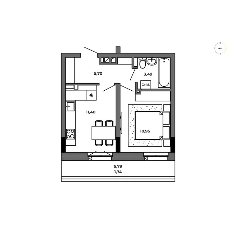 1-к квартира, 33.28 м - Фото 0