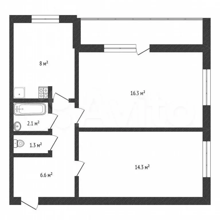 2-к. квартира, 48,6 м, 1/9 эт. - Фото 0