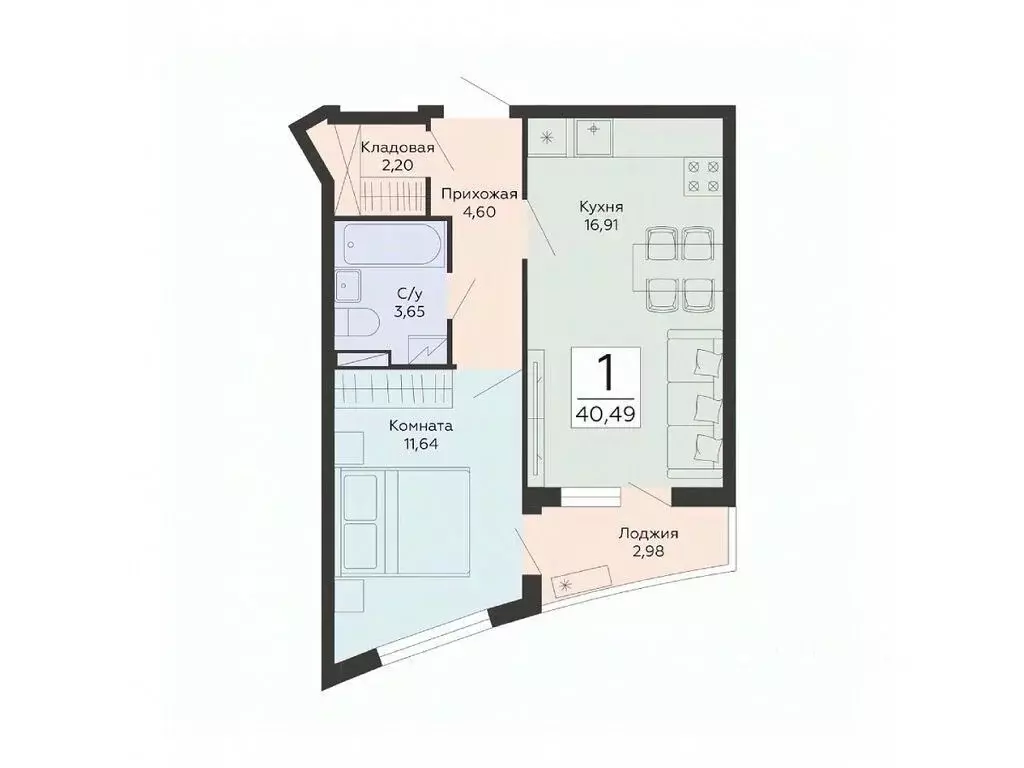 1-к кв. Воронежская область, Воронеж ул. Туполева, 5Н (40.49 м) - Фото 1