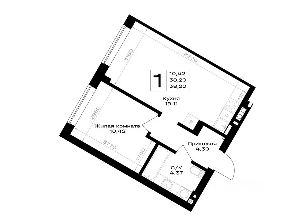1-к кв. Калининградская область, Гурьевск Включи жилой комплекс (38.2 ... - Фото 1