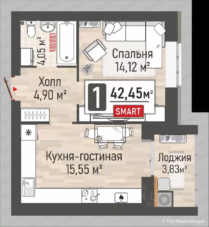 1-к кв. Рязанская область, Рыбное Мега жилой квартал,  (42.45 м) - Фото 0