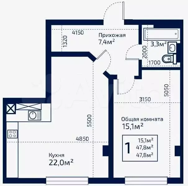1-к. квартира, 44,4 м, 6/9 эт. - Фото 0