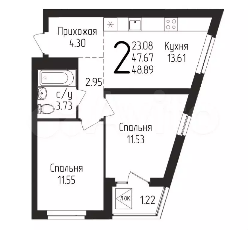 2-к. квартира, 48,9 м, 17/25 эт. - Фото 1