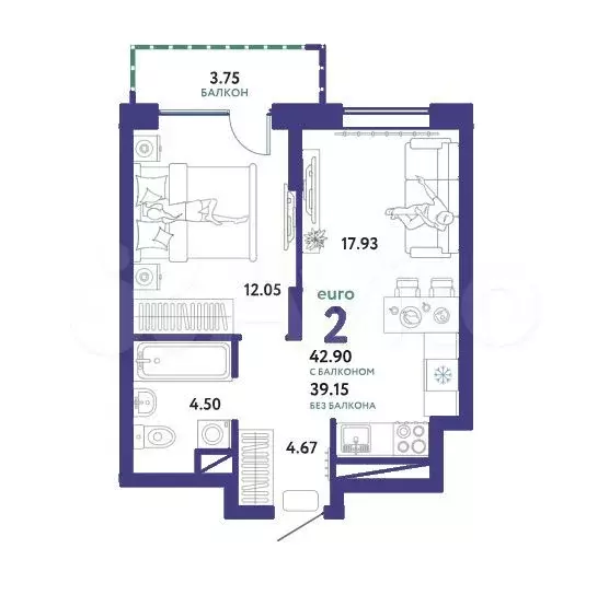 2-к. квартира, 42,9 м, 12/16 эт. - Фото 1