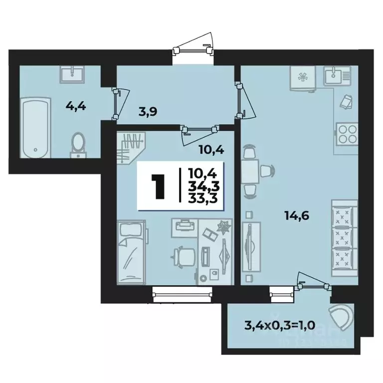 1-к кв. Адыгея, Тахтамукайский район, Яблоновский пгт ул. Тургеневское ... - Фото 1