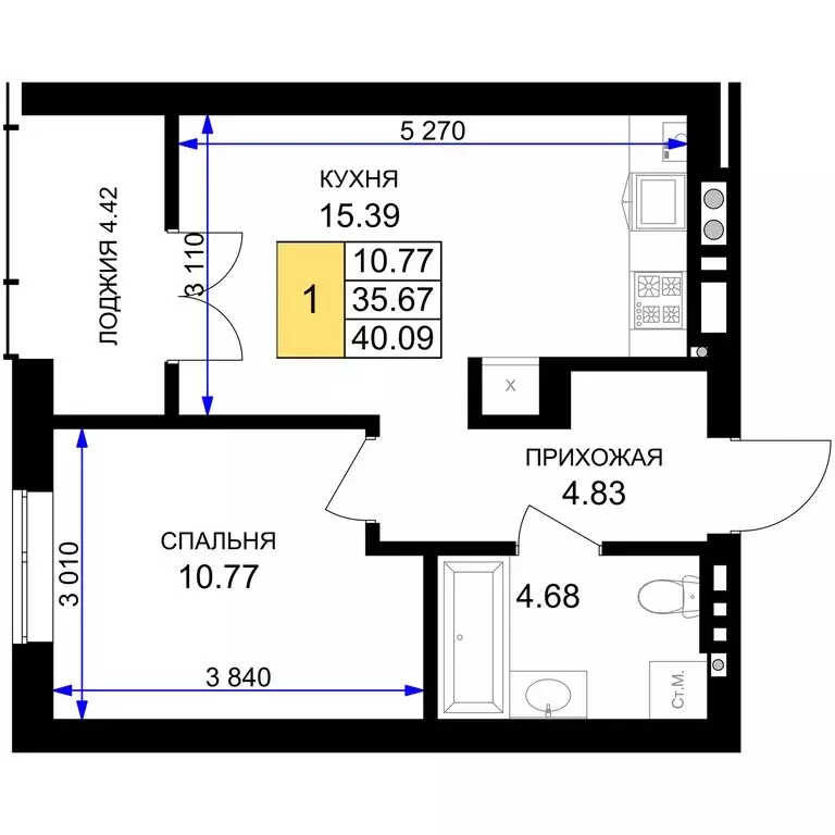 1-комнатная квартира: Гурьевск, жилой комплекс Включи (40.09 м) - Фото 0