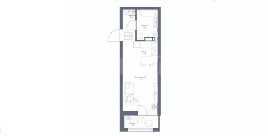 Студия Татарстан, Казань ул. Сабира Ахтямова, 1к2 (27.32 м) - Фото 2