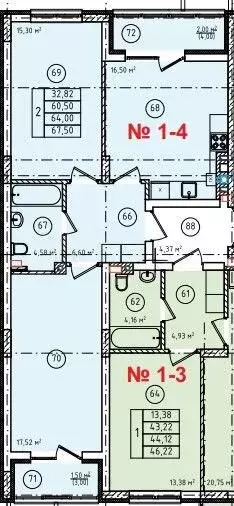 2-к. квартира, 64 м, 1/8 эт. - Фото 1