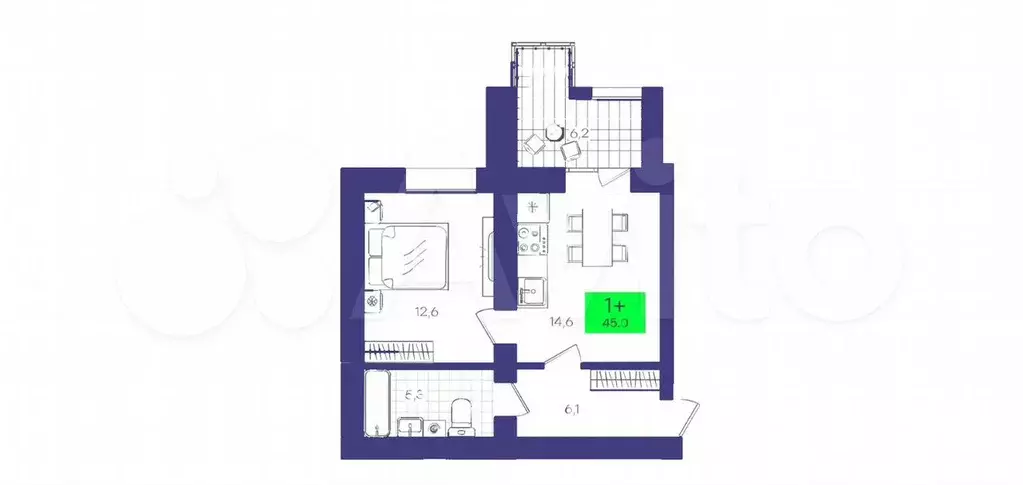 1-к. квартира, 45 м, 7/9 эт. - Фото 1