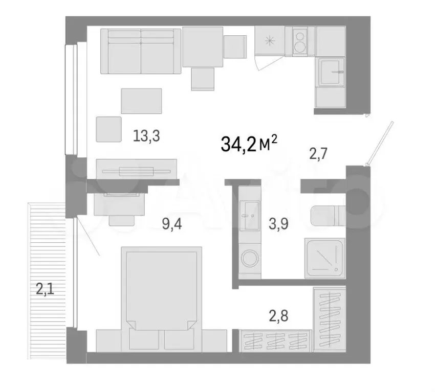1-к. квартира, 34,2 м, 5/12 эт. - Фото 0
