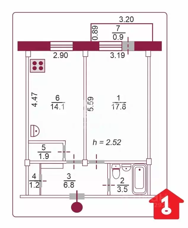 1-к кв. Омская область, Омск ул. Герцена, 250/1 (45.3 м) - Фото 2