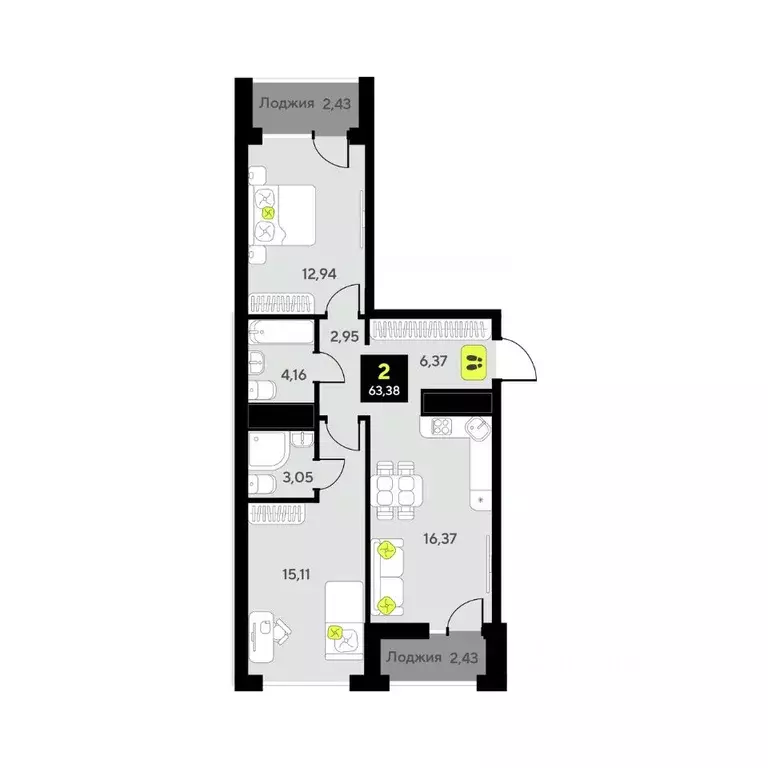 2-к кв. Тюменская область, Тюмень ул. Андрея Приказнова, 1 (63.38 м) - Фото 1