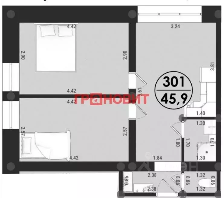 Квартира, 2 комнаты, 45.9 м - Фото 1