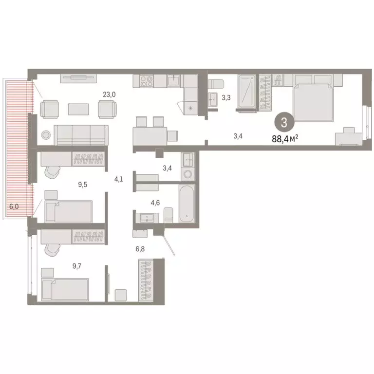 3-комнатная квартира: Тюмень, Ленинский округ (88.35 м) - Фото 1