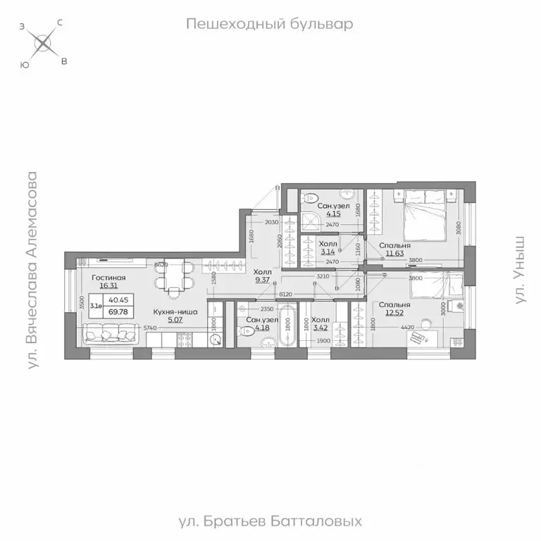 3-к кв. Татарстан, Казань ул. Рауиса Гареева (69.79 м) - Фото 0