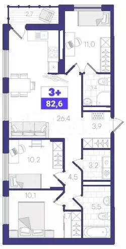 3-к. квартира, 82,6 м, 12/12 эт. - Фото 1