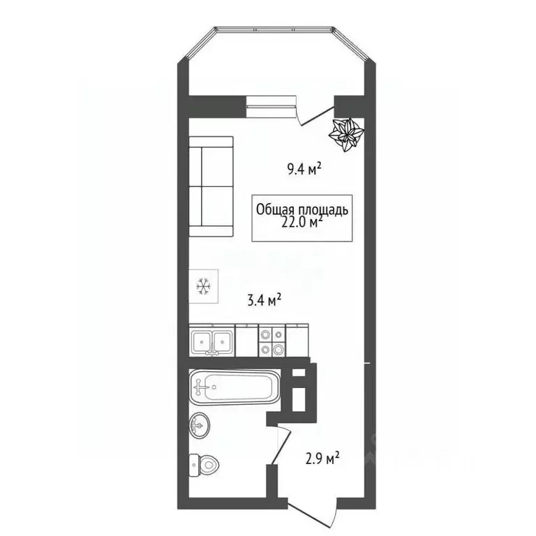 Студия Новосибирская область, Новосибирск ул. Виктора Уса, 9 (22.0 м) - Фото 2