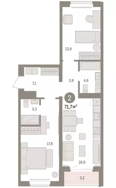2-комнатная квартира: Тюмень, жилой комплекс На Минской (71.73 м) - Фото 2