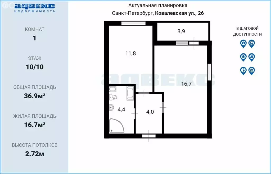 1-комнатная квартира: Санкт-Петербург, Ковалёвская улица, 26 (36.9 м) - Фото 2