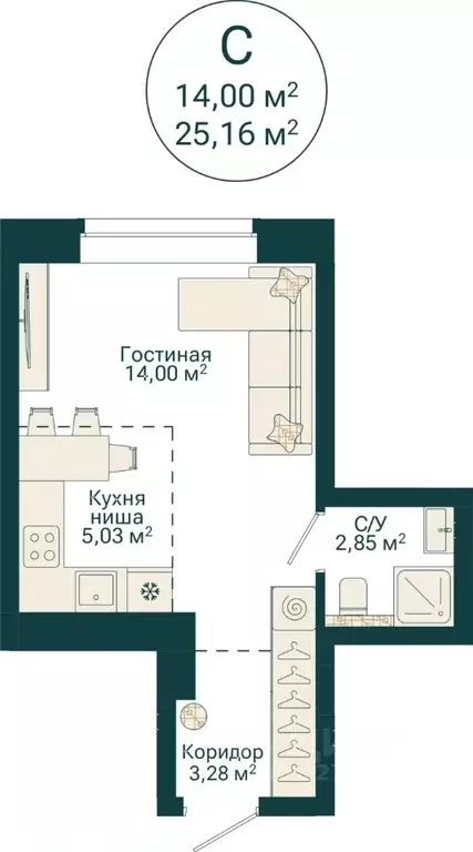 Студия Башкортостан, Уфа Сердце Уфы жилой комплекс (25.16 м) - Фото 2