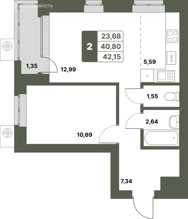 2-комнатная квартира: Уфимский район, село Миловка (42.15 м) - Фото 0