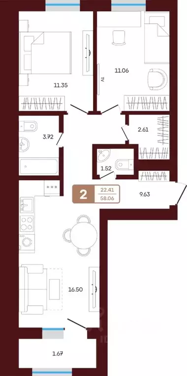 2-к кв. Башкортостан, Иглинский район, с. Акбердино  (58.06 м) - Фото 1