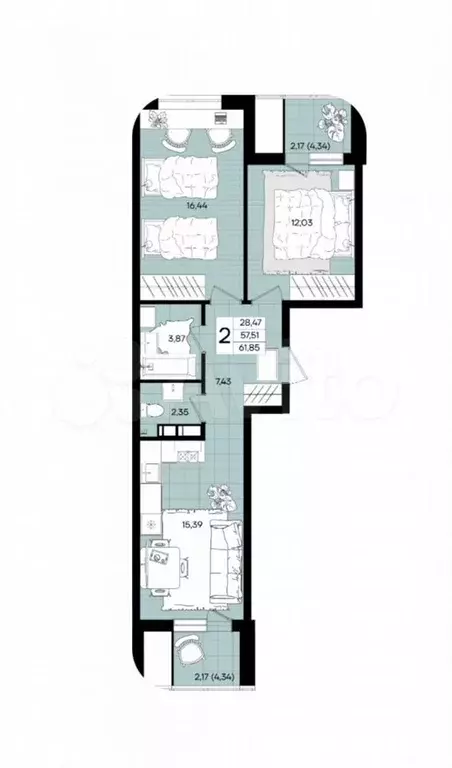 2-к. квартира, 61,9 м, 3/9 эт. - Фото 1