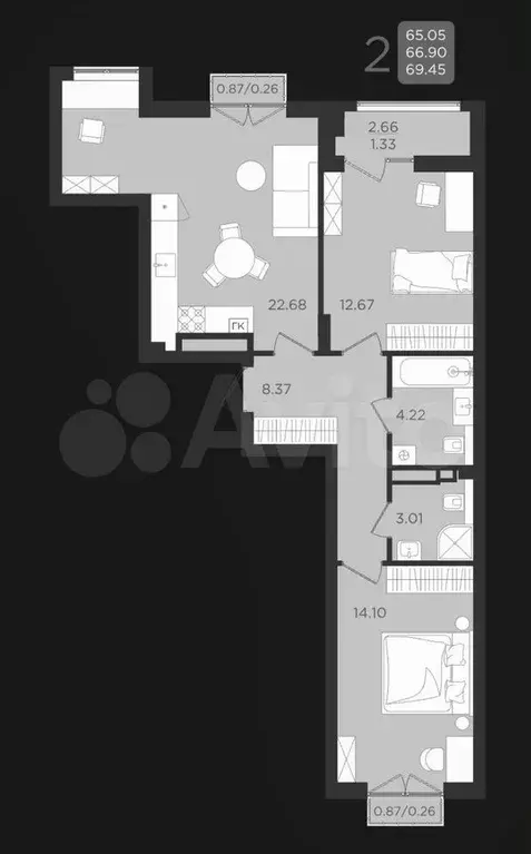 2-к. квартира, 67,1 м, 9/9 эт. - Фото 1