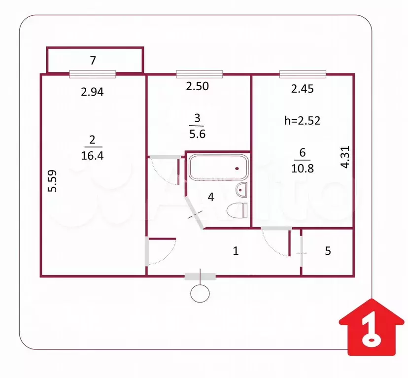 2-к. квартира, 43,6 м, 4/5 эт. - Фото 0