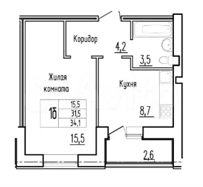 1-к. квартира, 34,1 м, 4/9 эт. - Фото 1
