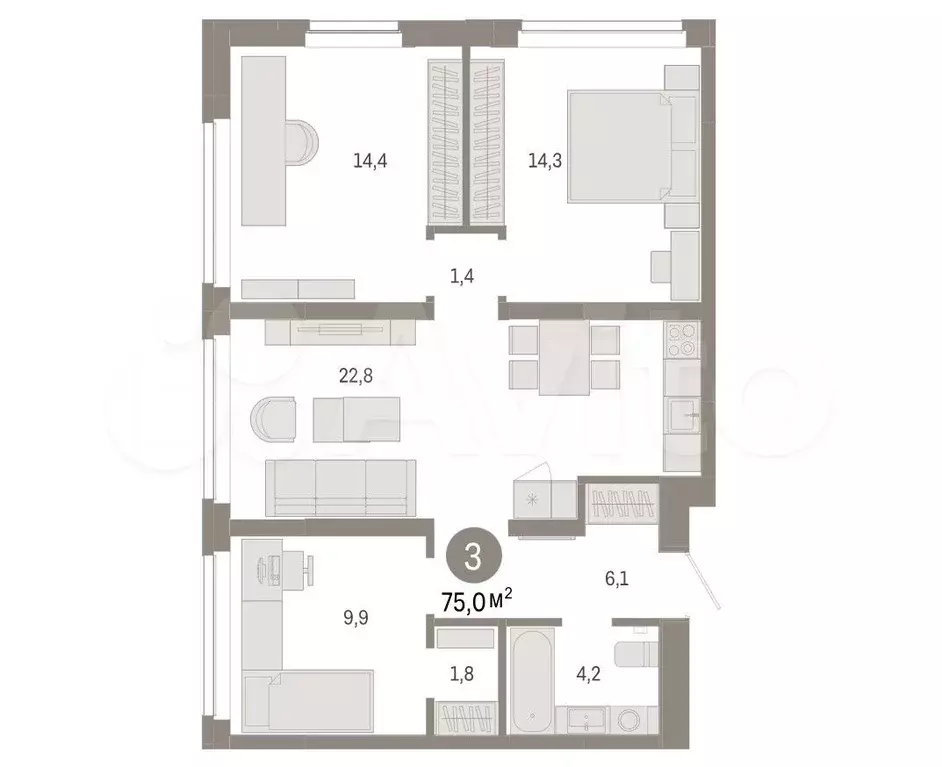 3-к. квартира, 75 м, 2/9 эт. - Фото 0