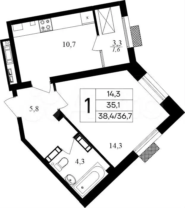 1-к. квартира, 38,4 м, 6/8 эт. - Фото 0