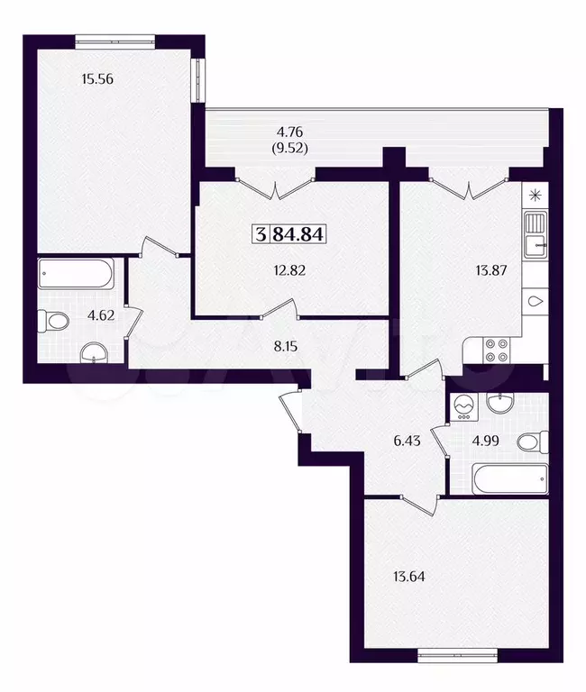 3-к. квартира, 84,8 м, 2/7 эт. - Фото 1