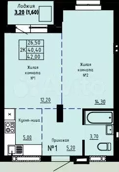 Своб. планировка, 41,7 м, 10/20 эт. - Фото 1