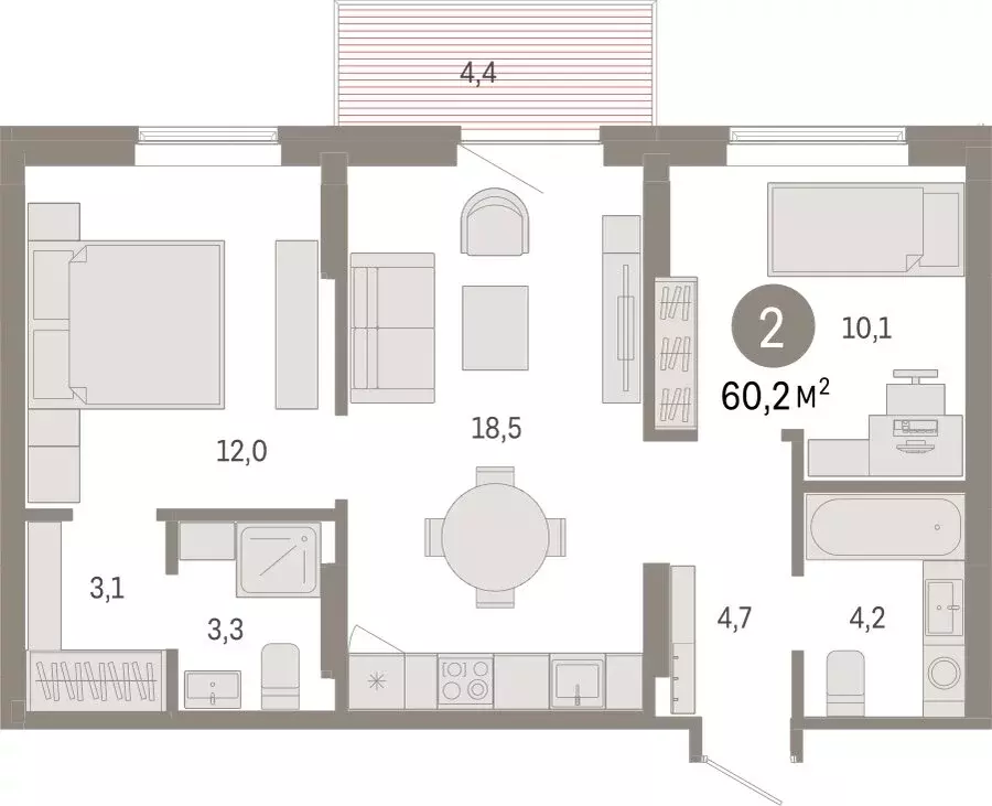 2-комнатная квартира: Омск, Кировский округ (60.15 м) - Фото 1